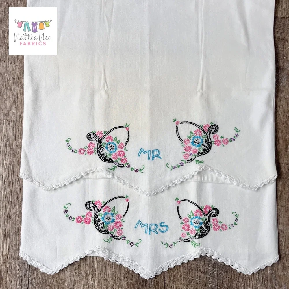 2 Vintage Embroidered Mr Mrs Pillowcases crochet trim, standard size, Springmaid